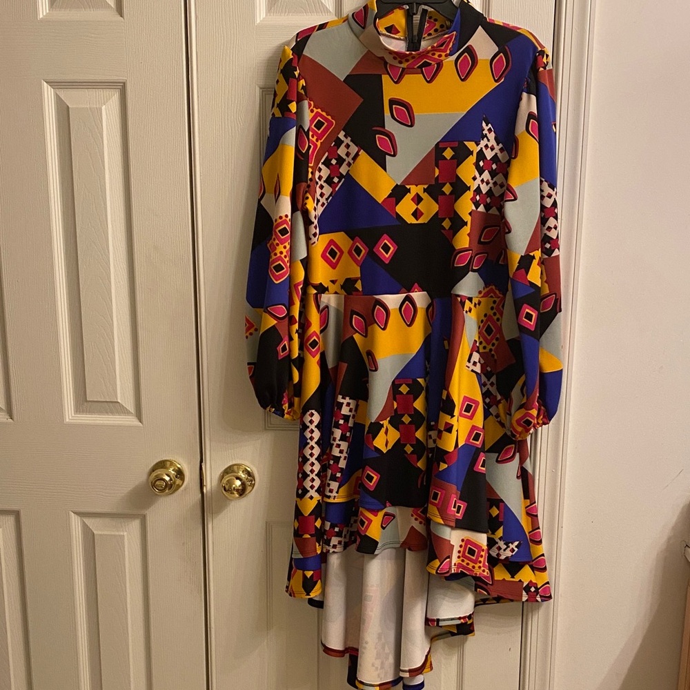 Vibrant Geo-Print Long Sleeve Tiered Dress - Multicolor